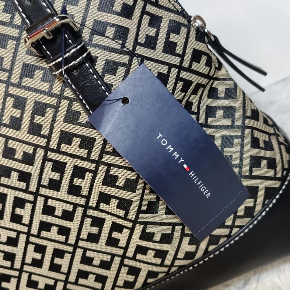 NWT Tommy Hilfiger Black and Tan In Signature Canvas Print Satchel - Picture 4 of 12